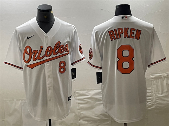 Men's Baltimore Orioles #8 Cal Ripken Jr. White With Patch Cool Base Stitched Baseball Jersey